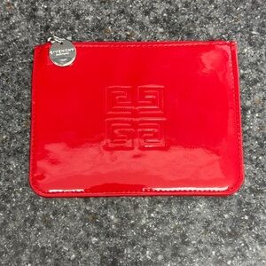 Givenchy Parfums Zip Top Logo Pouch Red Patent Vinyl Mini Clutch Bag - 6” X 4.5”